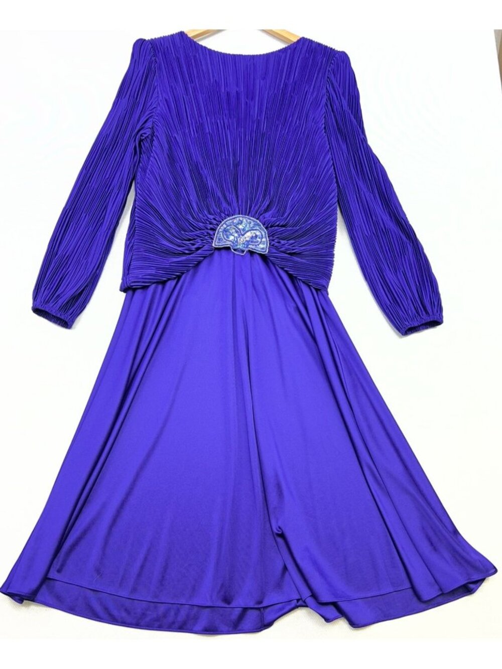 David Rose Women's Pleated Plisse Formal Midi Gown Long Sleeve Size 12 Purple